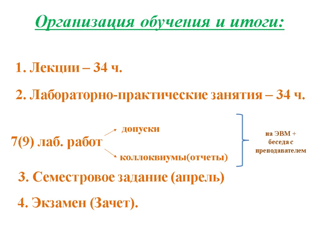 Организация обучения и итоги: допуски 3. Семестровое задание (апрель) 2. Лабораторно-практические занятия – 34